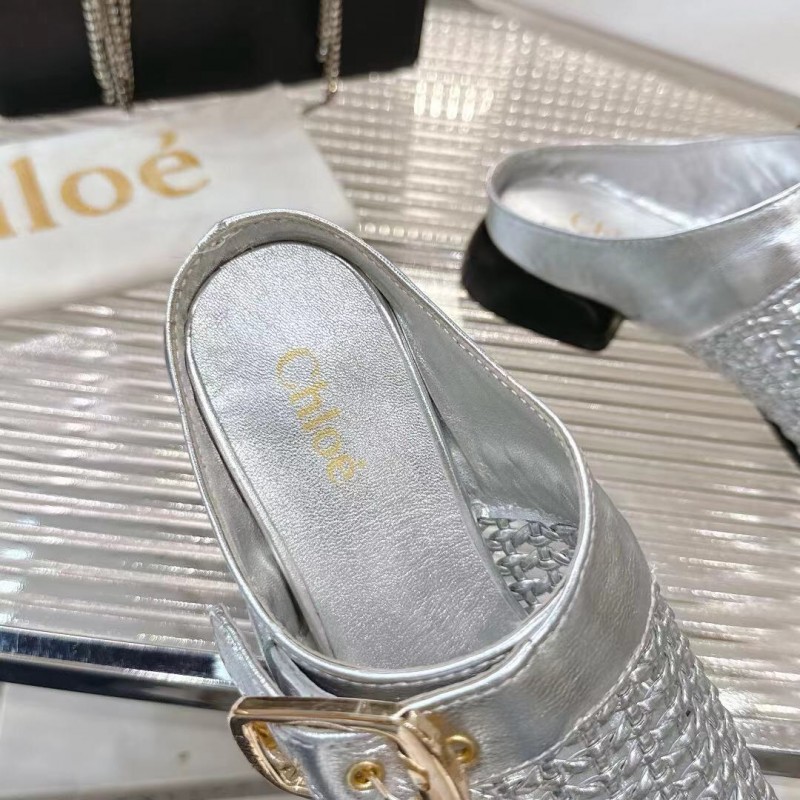 2025 Women Chloé Silver Leather Woven Slippers