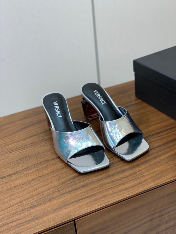 2025 Women VERSACE Silver Leather Slippers
