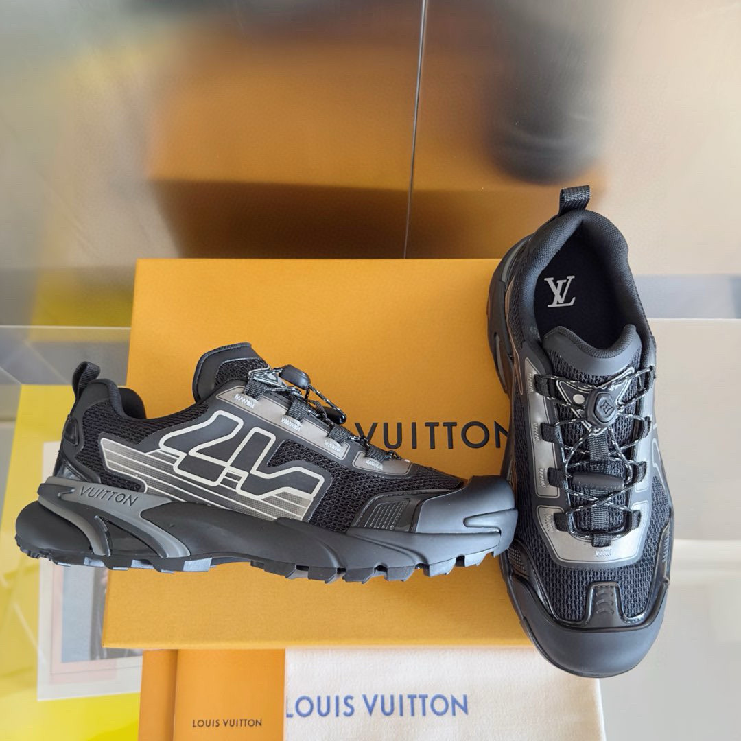 2025 Men Louis Vuitton Black Grey Mesh Fabric Sneakers MJ00390