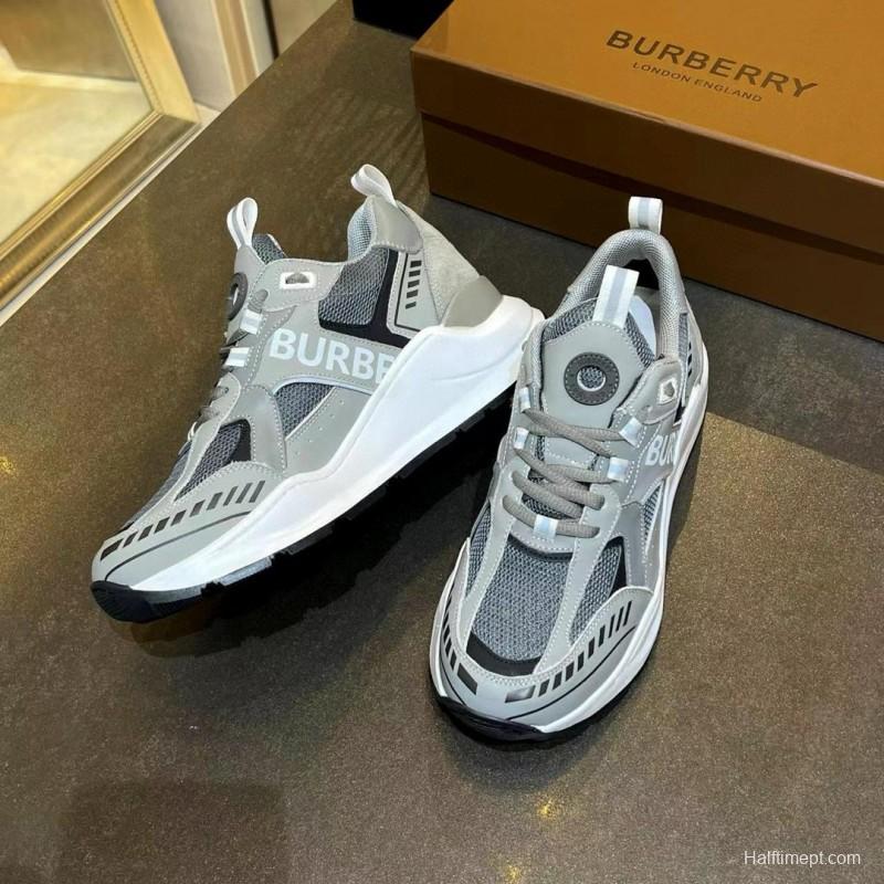 2025 Unisex Burberry Grey Suede Leather Mesh Sneakers Vintage Code MJ00380