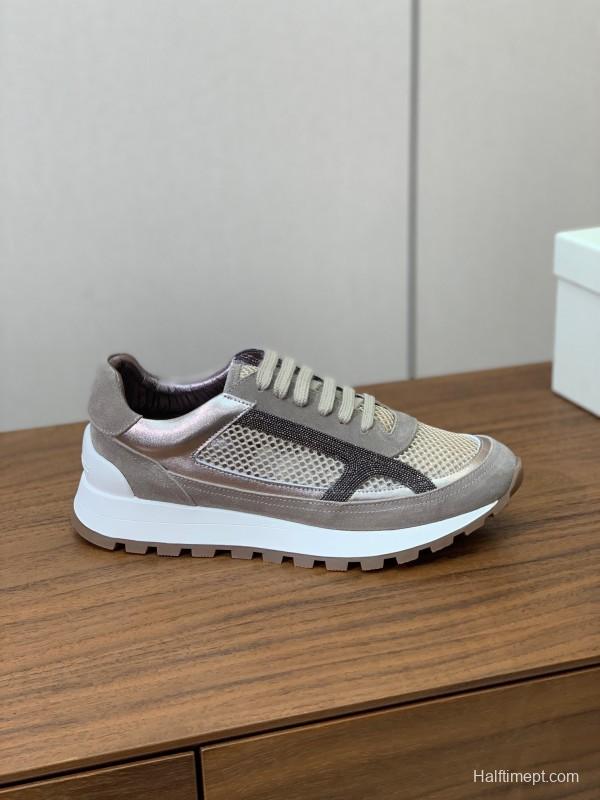 2025 Women Brunello Cucinelli Beige Brown Mesh Leather Sneakers