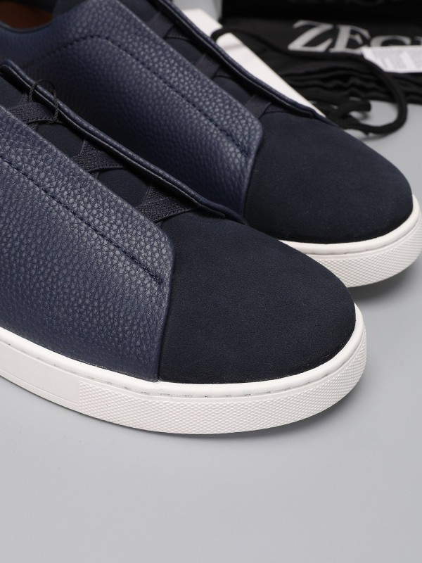 2024 Men Ermenegildo Zegna Navy Blue Leather Suede Low Top Sneakers MJ00240