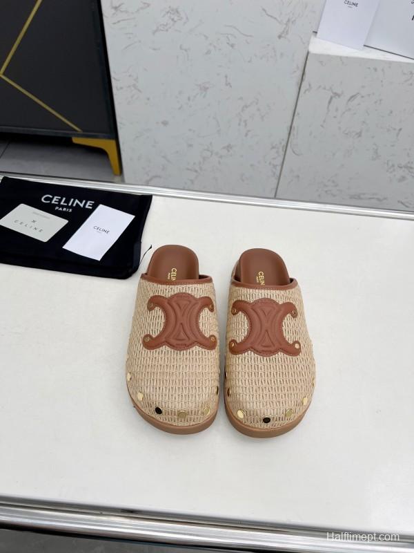 2025 CELINE Beige Leather Raffia Slippers LY00240