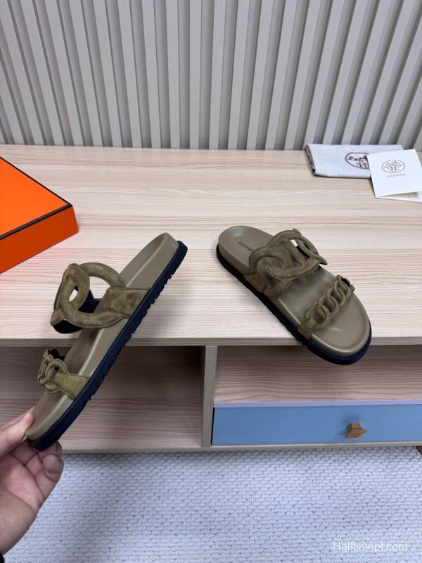 2025 Women Hermès Khaki Suede Slippers