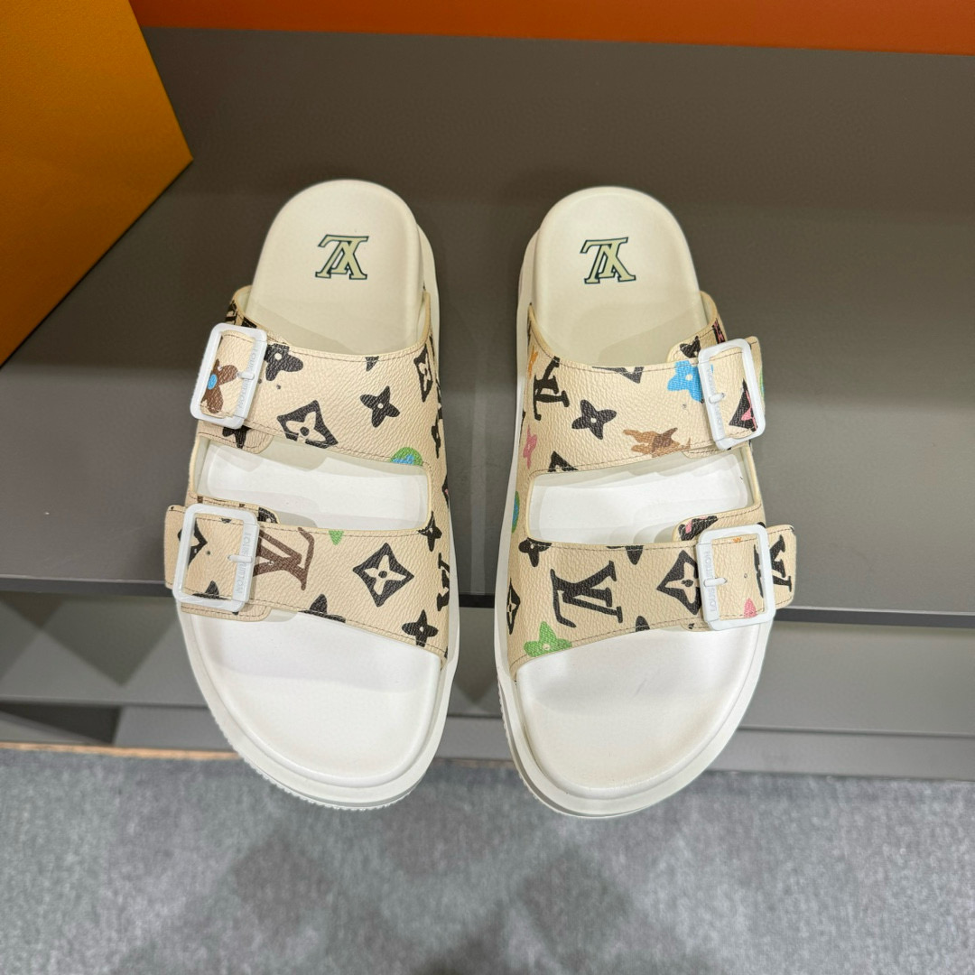 2024 Slippers Louis Vuitton Beige Multicolor Leather Slippers