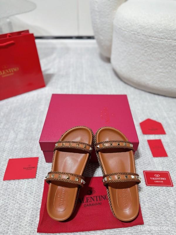 2025 Women Valentino Brown Leather Sandals Rope Braided LY00250