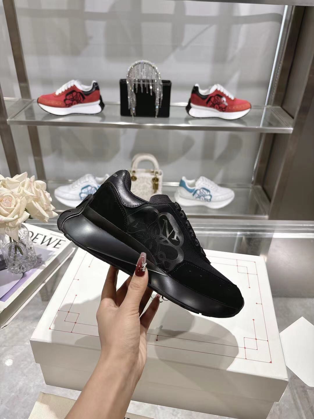 2025 Women Alexander McQueen Black Leather Mesh Sneakers LY00340