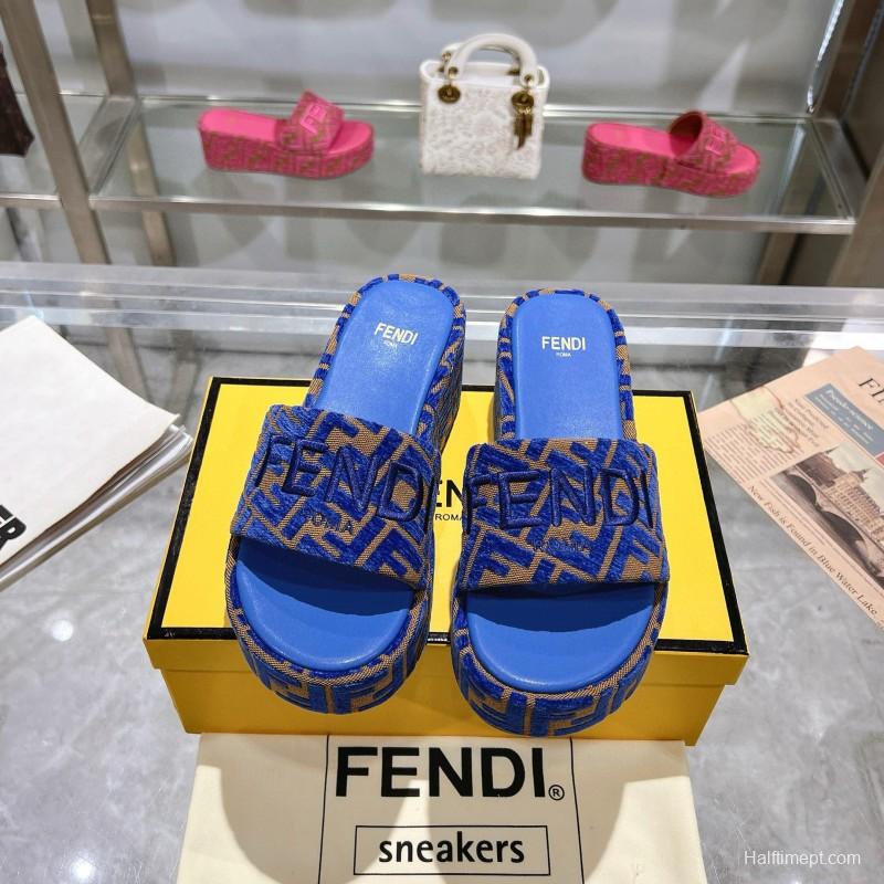 2025 Fendi Blue Brown Canvas Slippers