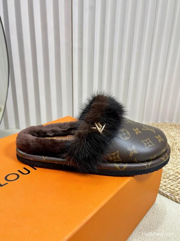 2024 Slippers Louis Vuitton Brown Leather Mink Fur Slippers MJ00340