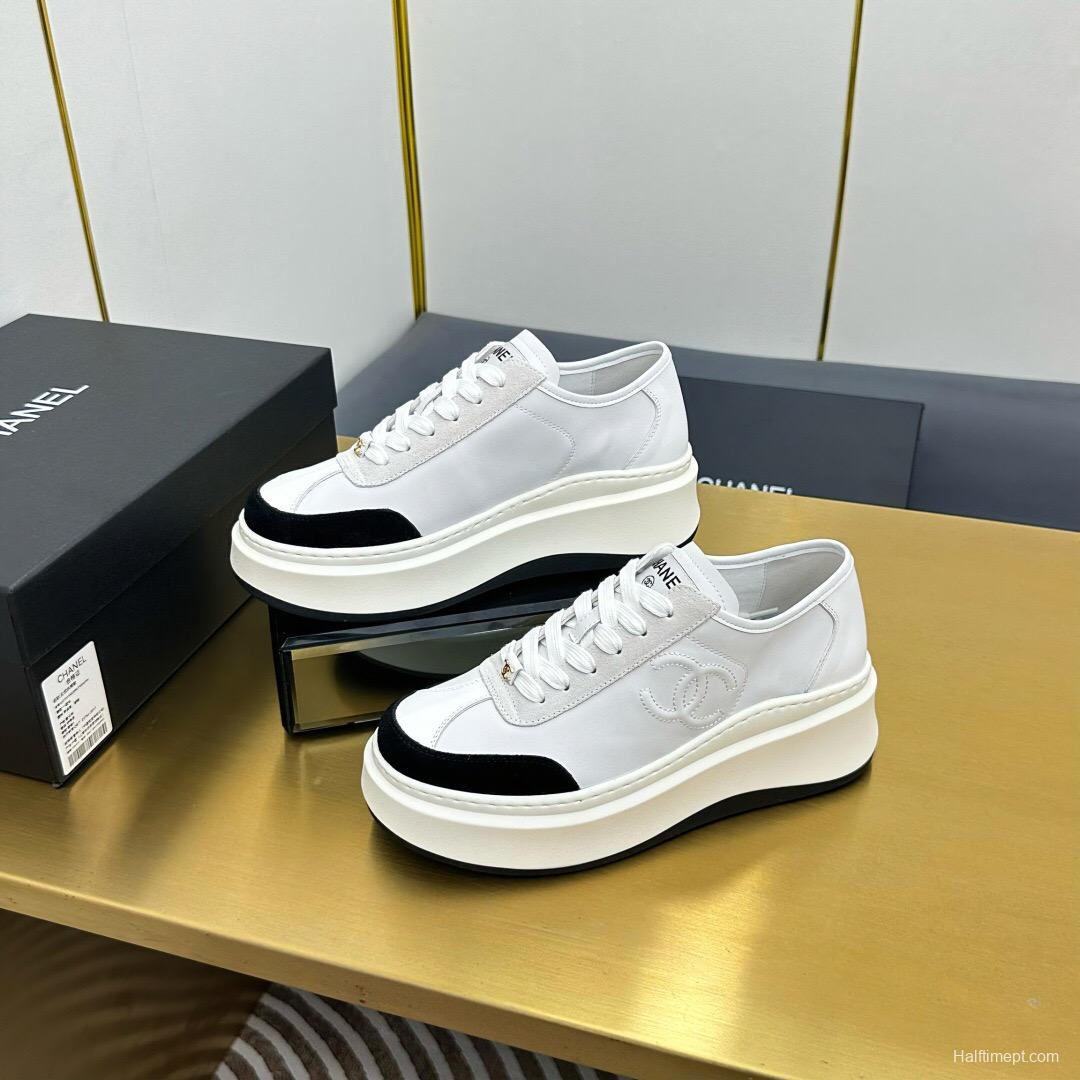 2025 Women Chanel White Black Leather Sneakers Platform Sole
