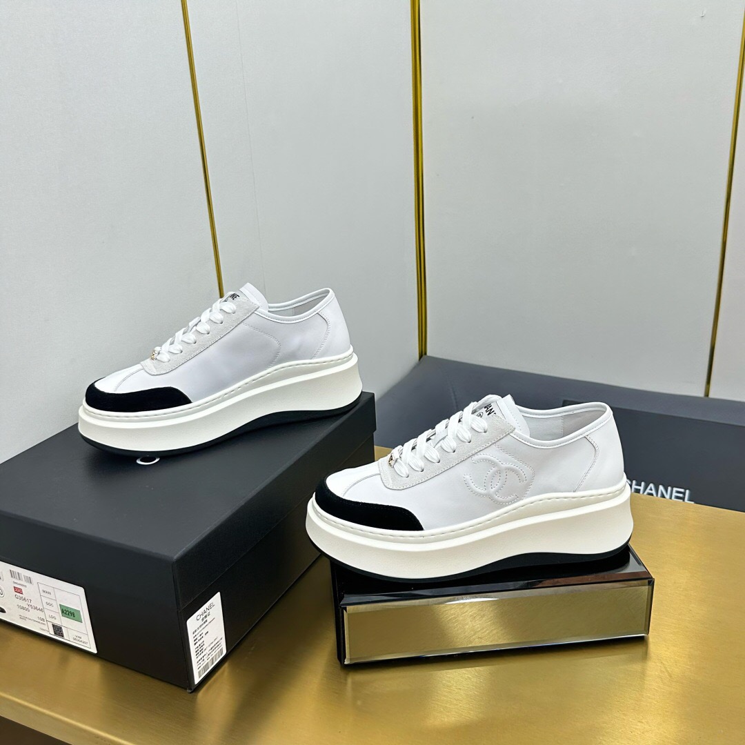 2025 Women Chanel White Black Leather Sneakers Platform Sole