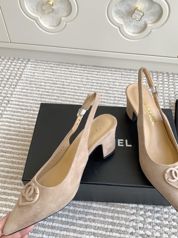 2025 Women Chanel Beige Suede Slingback Pointed Toe Heart CC Sandals