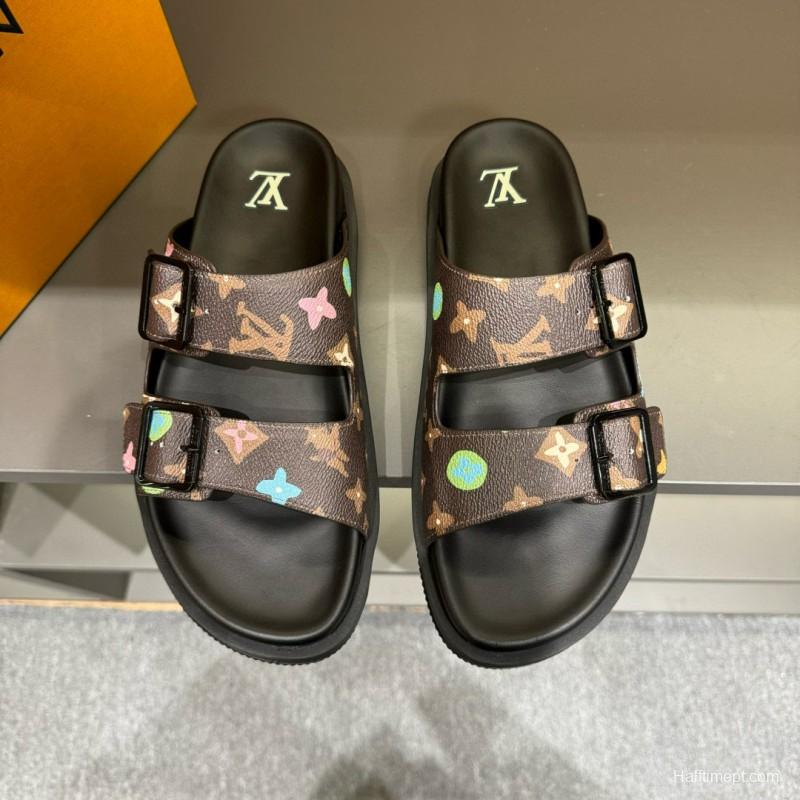 2024 Men Louis Vuitton Brown Black Rubber Leather Sandals Oblique MJ00210