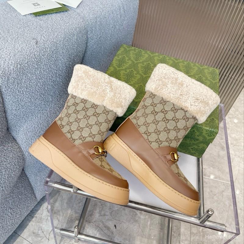 2024 Women Gucci beige brown leather shearling snow boots MJ00420