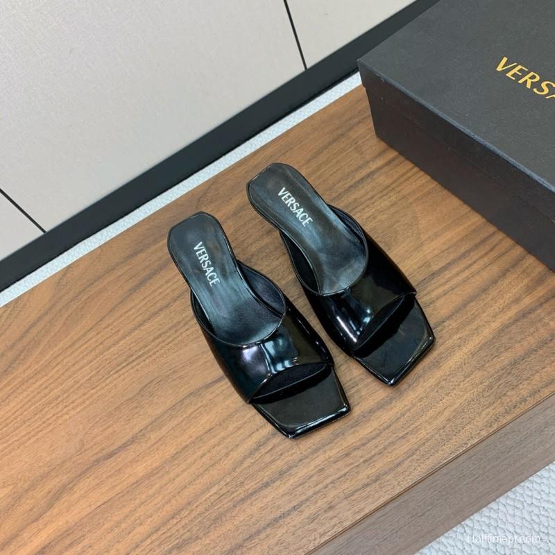 2025 Women VERSACE Black Patent Leather Slippers