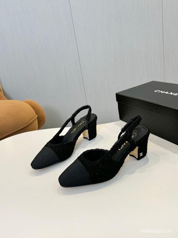 2025 Women Chanel Black Fabric Leather Slingback Heels LY00240
