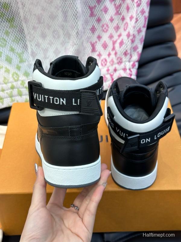 2024 Men Louis Vuitton Black White Leather High-Top Sneakers MJ00420