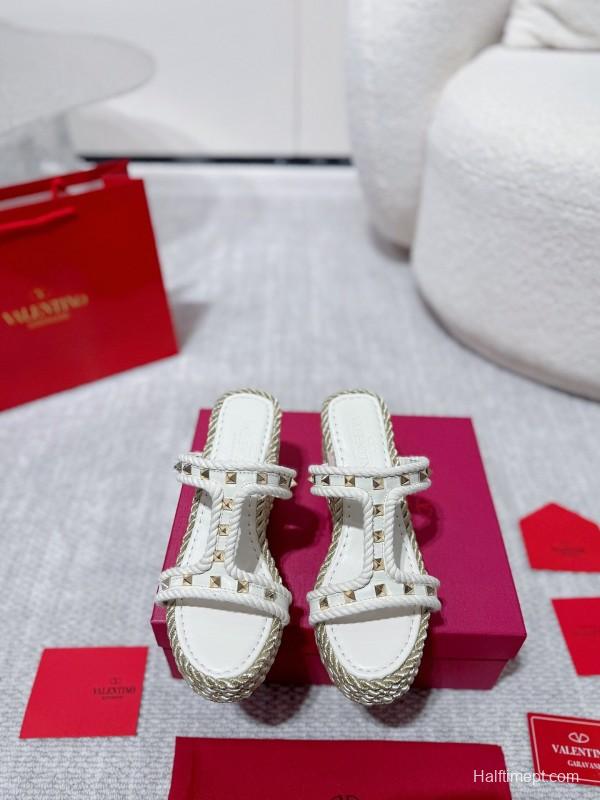 2025 Women Valentino White Leather Wedge Sandals Studs LY00290