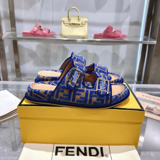 2025 Slippers Fendi Blue Brown Jacquard Buckle KFY00250