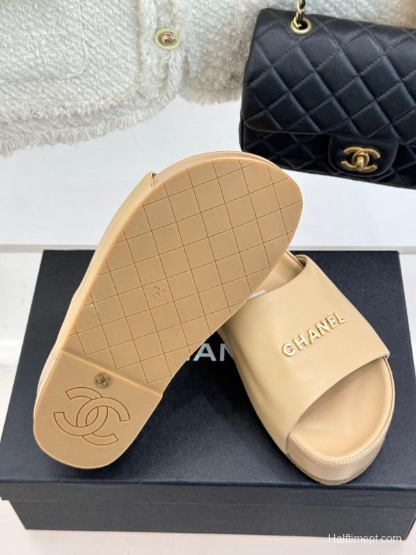 2025 Women Chanel Beige Leather Slippers