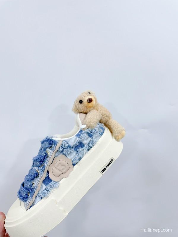 2025 Women 13DE MARZO Blue White Canvas Leather Casual Shoes Teddy Bear KFY00280