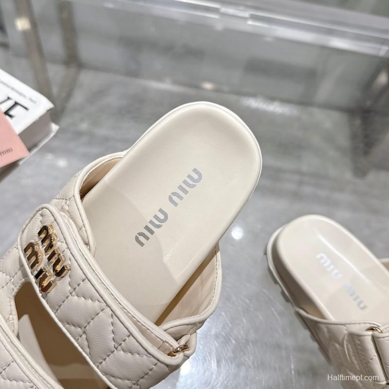2025 Women Miu Miu White Leather Sandals