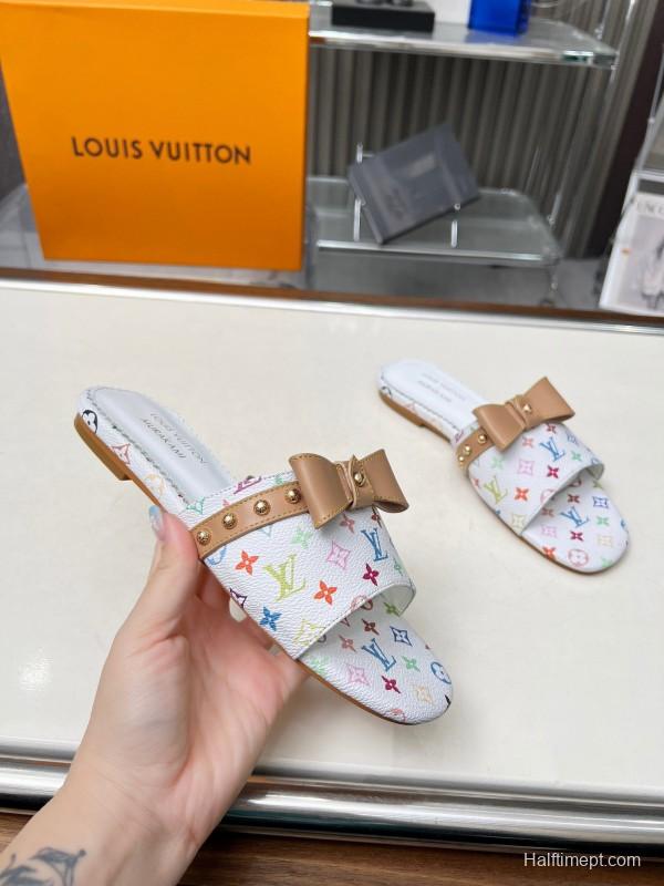 2025 Women Louis Vuitton White Multicolor Leather Slippers Monogram LY00200