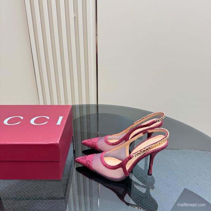 2025 Women Gucci Burgundy Mesh Chain Detail Slingback Pumps KFY00300(F)