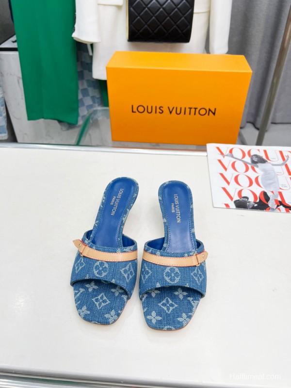 2025 Women Louis Vuitton Denim Blue Leather Heeled Sandals LY00260