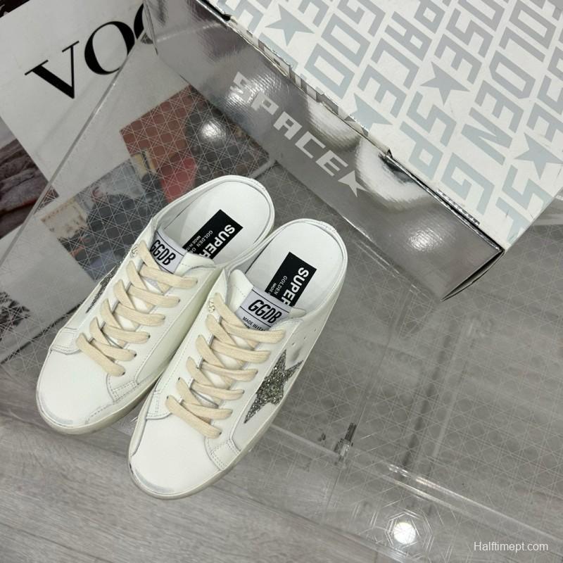 2025 Women GGDB White Silver Leather Suede Star Mules