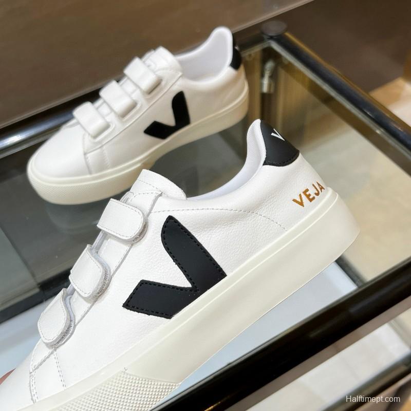 2025 Unisex VEJA White Black Leather Canvas Sneakers Velcro MJ00240(W/M)