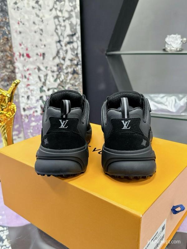 2025 Men Louis Vuitton Black Mesh Leather Sneakers MJ00420