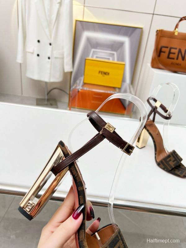 2025 Women Fendi Brown Leather Suede High Heel Sandals