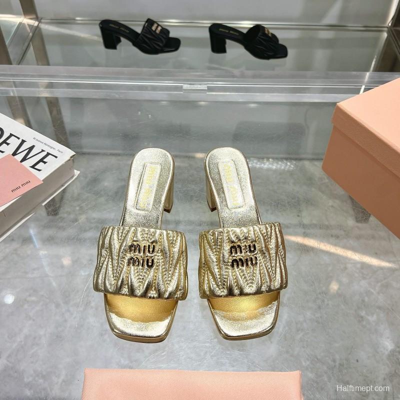 2025 Women Miumiu Gold Leather Sandals