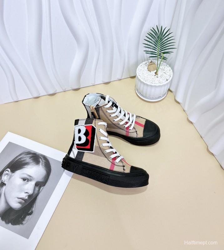 2024 Kids Burberry Beige Black White Canvas Leather High-top Sneakers
