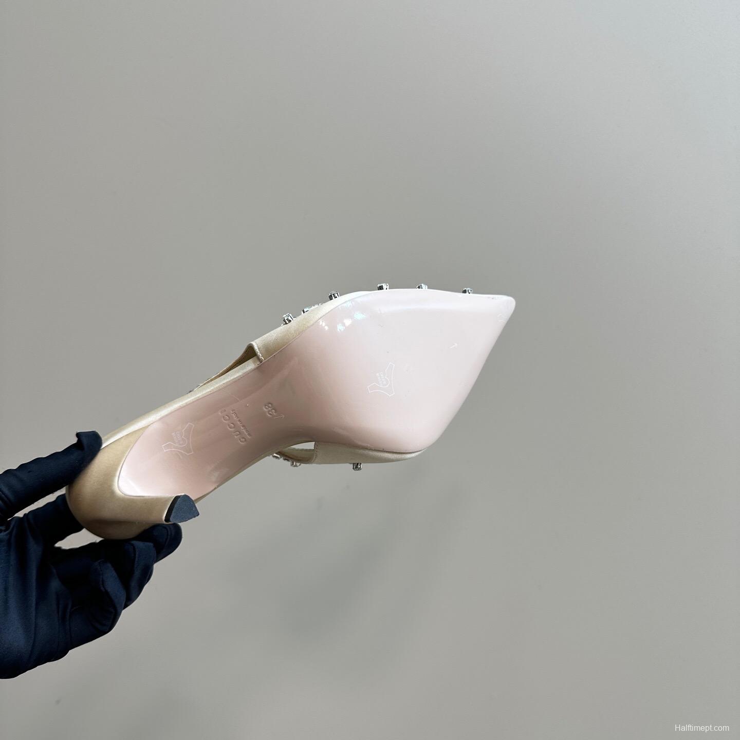 2025 Women Gucci Beige Silk Crystal Embellished Slingback Heels KFY00340