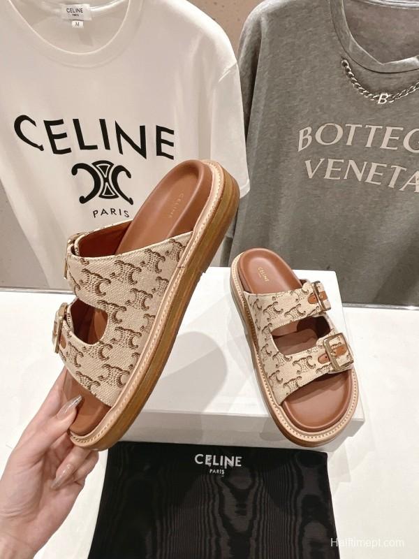 2025 Women Celine Beige Canvas Vintage Style Double Buckle Sandals Handcrafted Unisex LY00360(F)