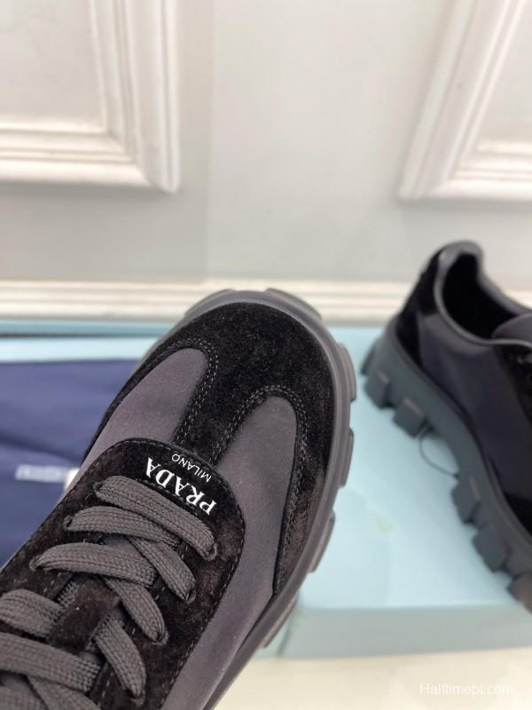 2025 Unisex Prada Black Suede Leather Sneakers KFY00310(F)/KFY00330(M)