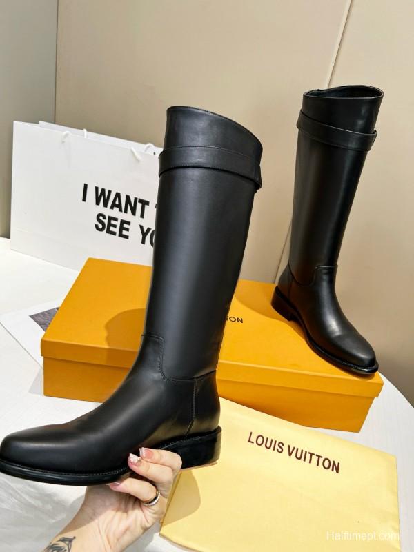 2024 Women Louis Vuitton Black Full Grain Leather Knee High Boots MJ00400