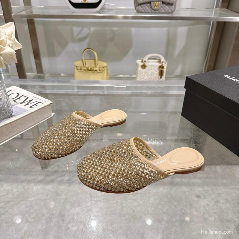 2025 Slippers Alexander Wang Beige Crystal Beaded Leather Slippers LY00310