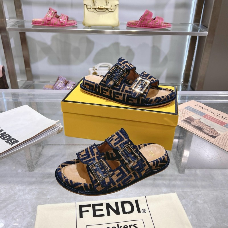 2025 Slippers Fendi Blue Brown Jacquard Buckle KFY00250