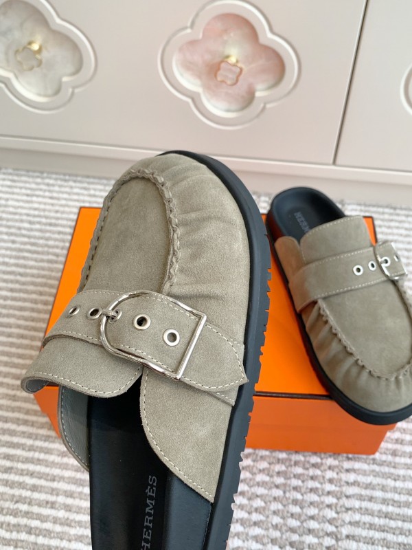 2025 Women Hermès Grey Suede Mule Shoe KFY00290