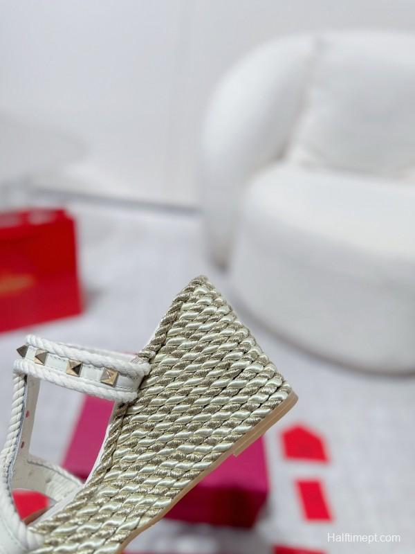 2025 Women Valentino White Leather Wedge Sandals Studs LY00290
