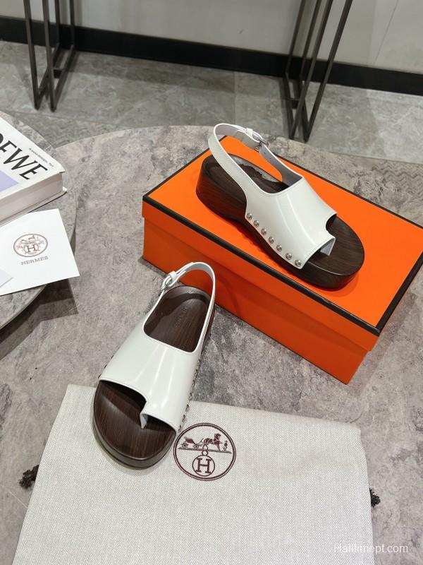 2025 Women Hermès White Leather Slippers