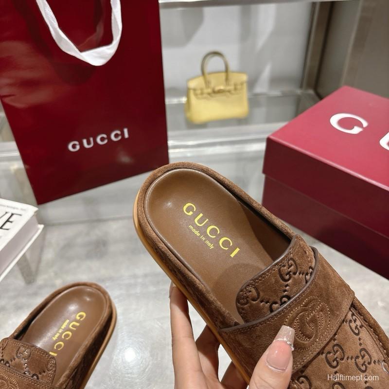 2025 Women Gucci Dark Brown Suede Mule Embossed GG LY00270