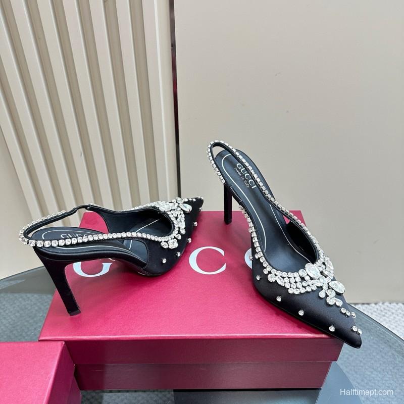 2025 Women Gucci Black Satin Slingback Heels Rhinestone MJ00340