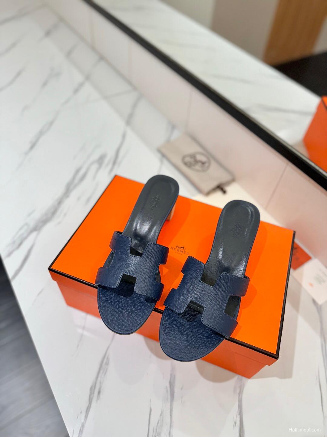 2025 Women Hermès Navy Leather Heeled Sandals