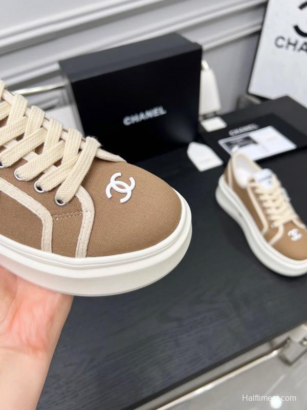 2025 Women Chanel Beige Canvas Leather Sneakers Collaboration LY00250