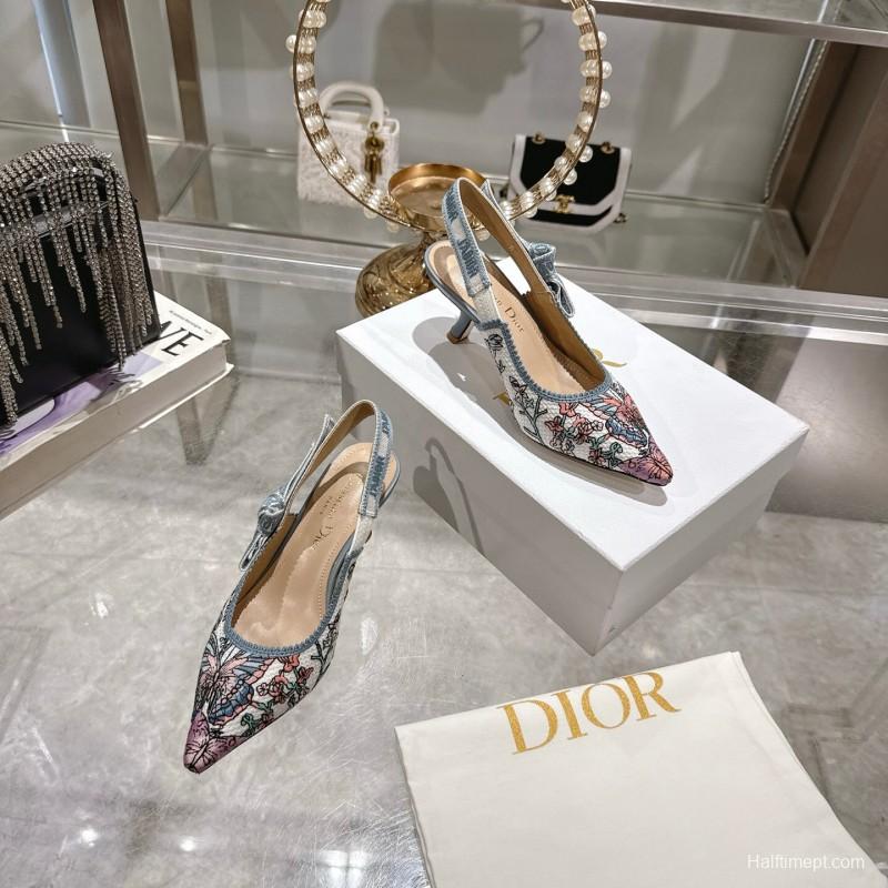 2025 Women Dior Blue Pink Embroidered Fabric Slingback Heels