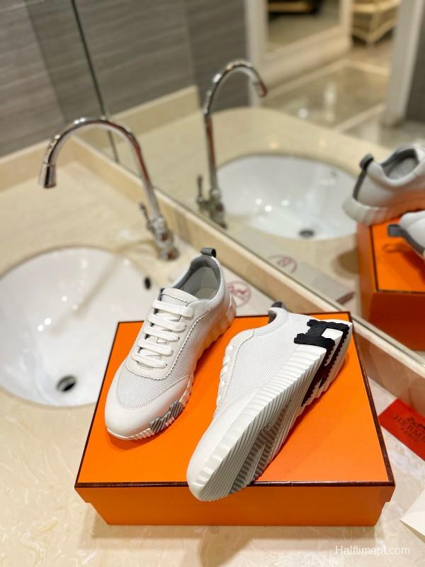 2024 Unisex Hermès White Imported Calf Suede Rain Cloth Casual Sneakers MJ00320